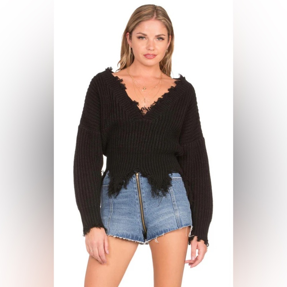 Hera Collection Distressed V-Neck Sweater in Black